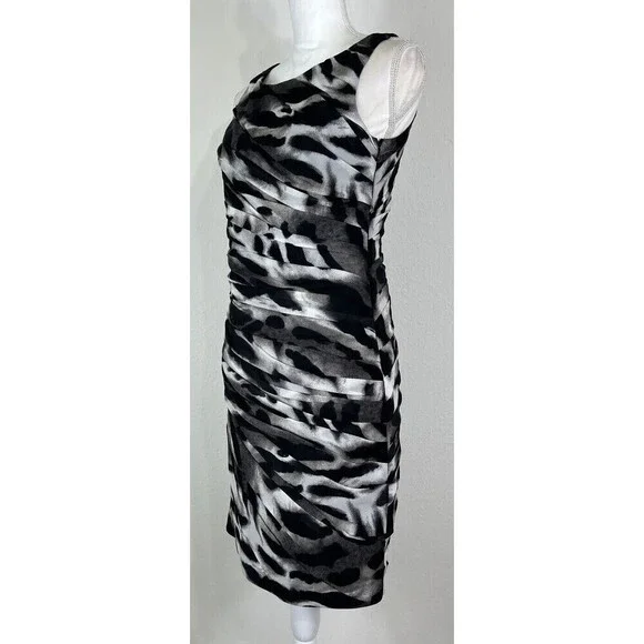 Ann Taylor Animal Print Ruched Sheath Dress Sleeveless Black Grey White Size 6 - Picture 8 of 14